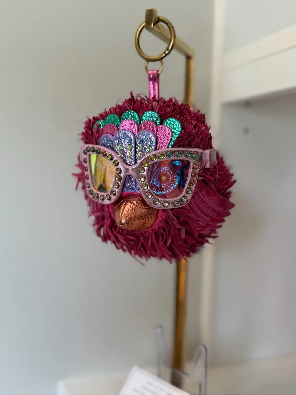 Kurt Geiger novelty Fuchsia Feather Pom-Pom Keychain with Sequin Sunglasses NIB